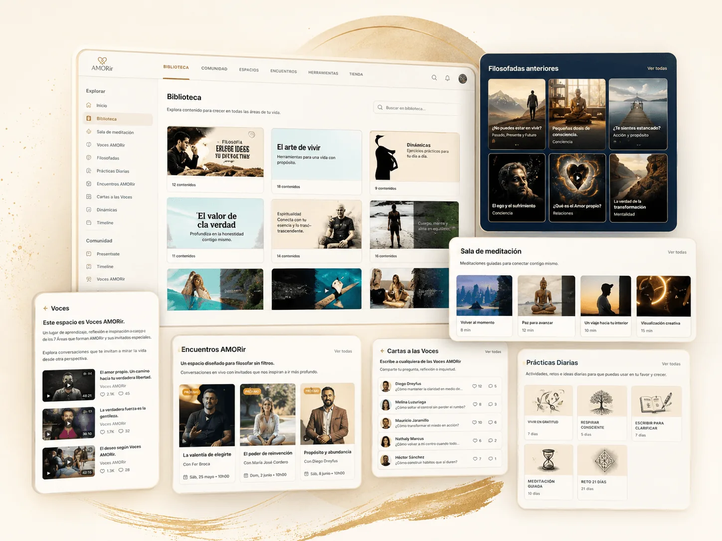 Vista de la app AMORir: Biblioteca, Voces AMORir, Sala de meditación, Encuentros, Cartas a las Voces y Prácticas Diarias